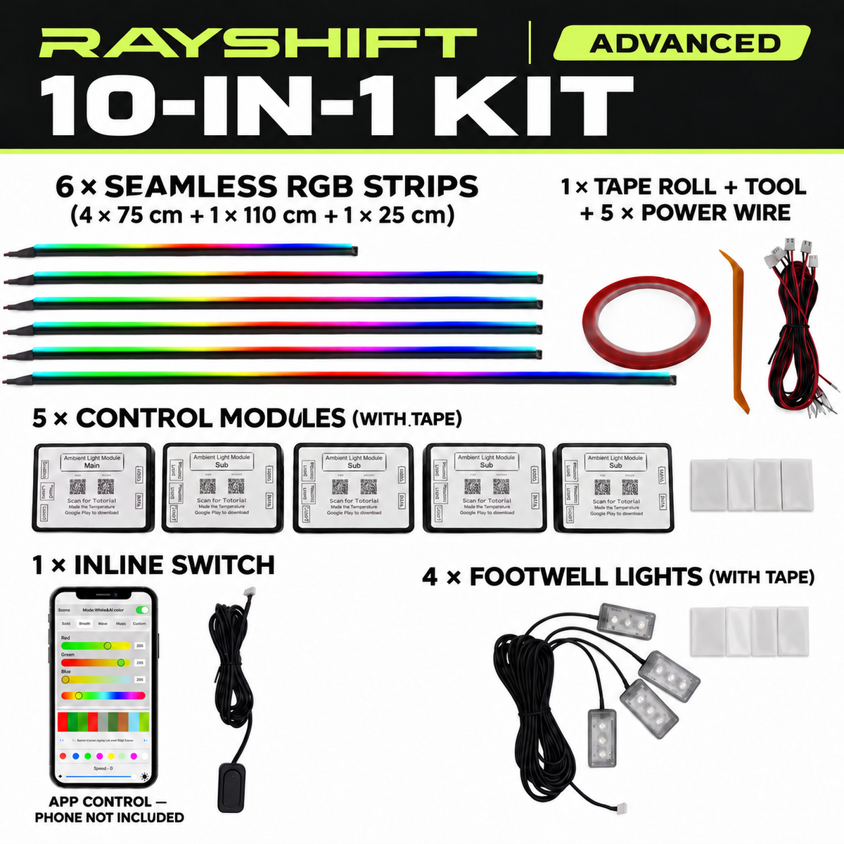 RAYSHIFT Advanced 10-in-1 kit contents, edited from supplied product reference; phone is not included.