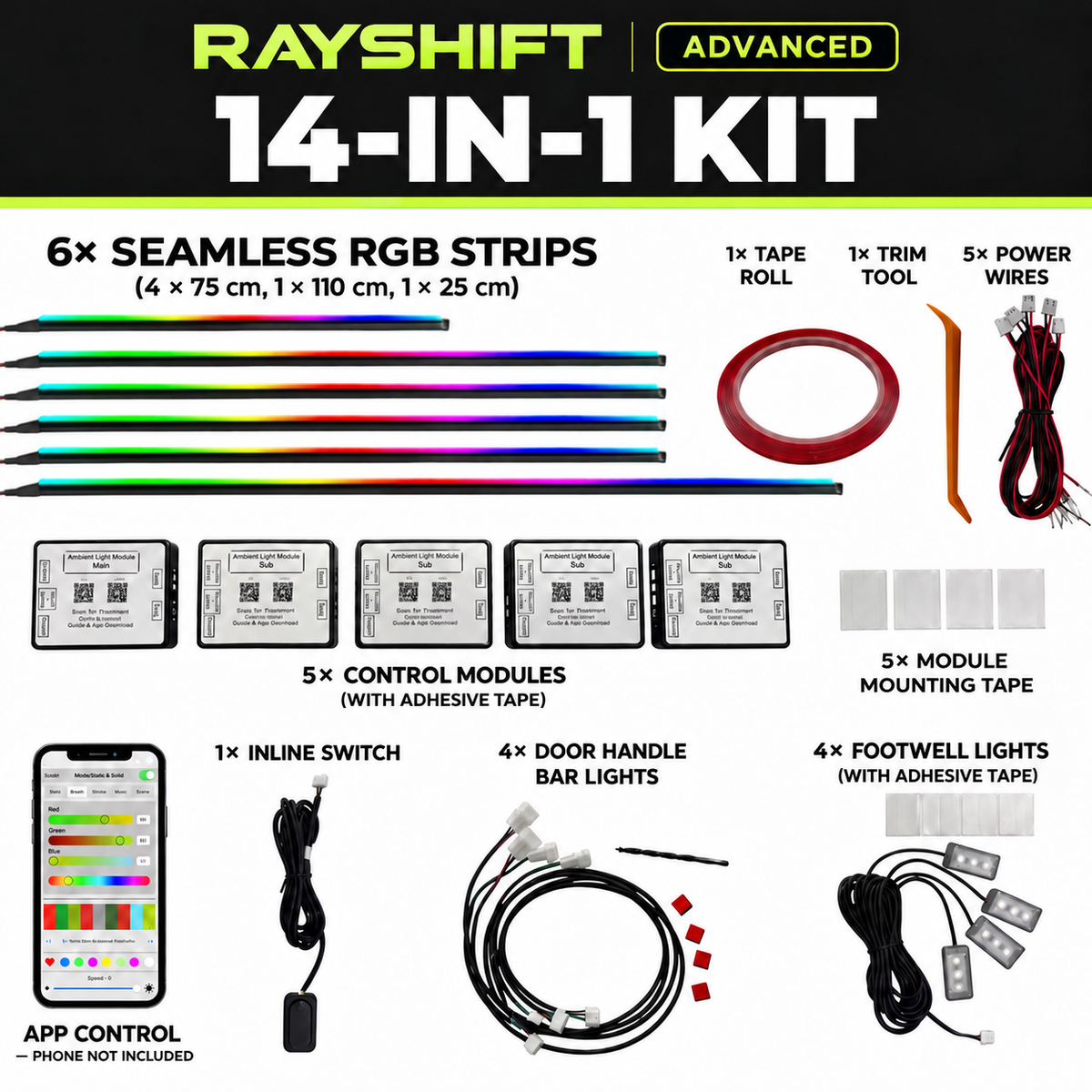 RAYSHIFT Advanced 14-in-1 kit contents, edited from supplied product reference; phone is not included.
