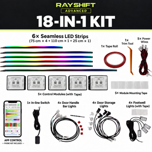 RAYSHIFT Advanced 18-in-1 kit contents, edited from supplied product reference; phone is not included.